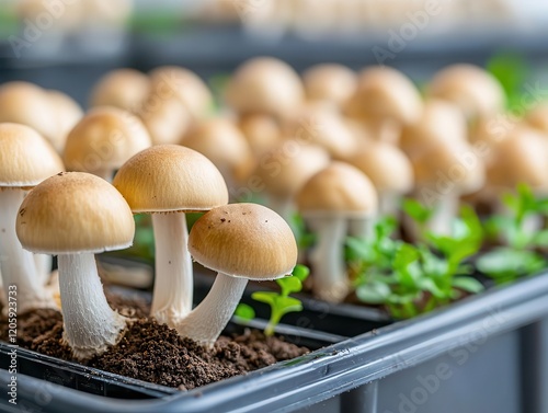 Medicinal mushroom cultivation in a modern, climatecontrolled facility, green drug, future of natural medicine photo