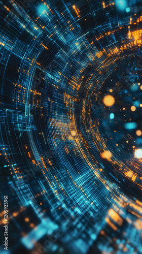 Digital particles glowing, swirling through cybernetic tunnel, transmitting data with vibrant blue-orange luminescence