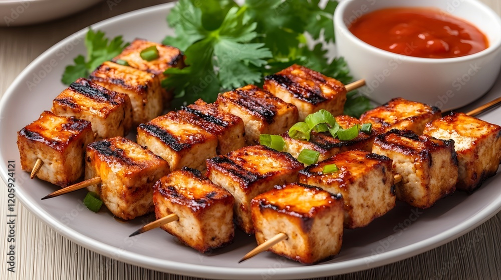 Grilled Tofu Skewers with Vegetables and Spicy Dipping Sauce on Plate for Healthy Vegetarian Dinner Grilled Tofu Skewers with Vegetables and Spicy Dipping Sauce on Plate for Healthy Vegetarian Dinner