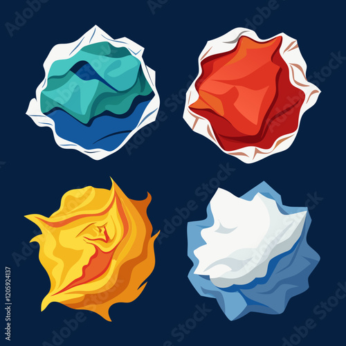 Four vector illustrations of crumpled or carelessly pasted paper textures on a dark background with white background