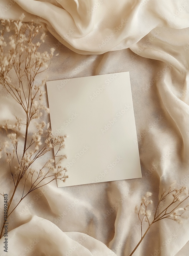 Blank greeting card mockup, top view, on a background of beige fabric and transparent silk cloth with delicate flowers, in neutral colors, with minimalistic style, soft lighting, clean aesthetic Blank greeting card mockup, top view, on a background of beige fabric and transparent silk cloth with delicate flowers, in neutral colors, with minimalistic style, soft lighting, clean aesthetic