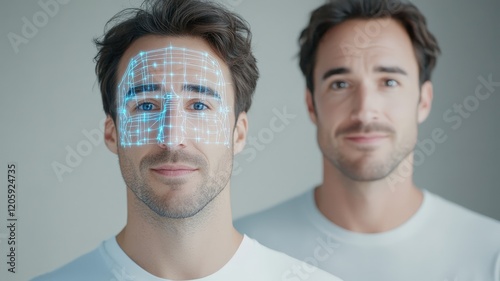 A man with a digital grid overlay on his face, symbolizing deep fake technology and AI facial recognition
