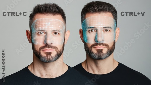 Pair of men with digital face mapping grids, representing advanced artificial intelligence in deep fake generation and detection.