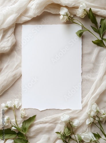 Blank white invitation rests on top of soft beige fabric, with delicate flowers and leaves along the bottom edge. The overall aesthetic is minimalist, with a neutral color palette