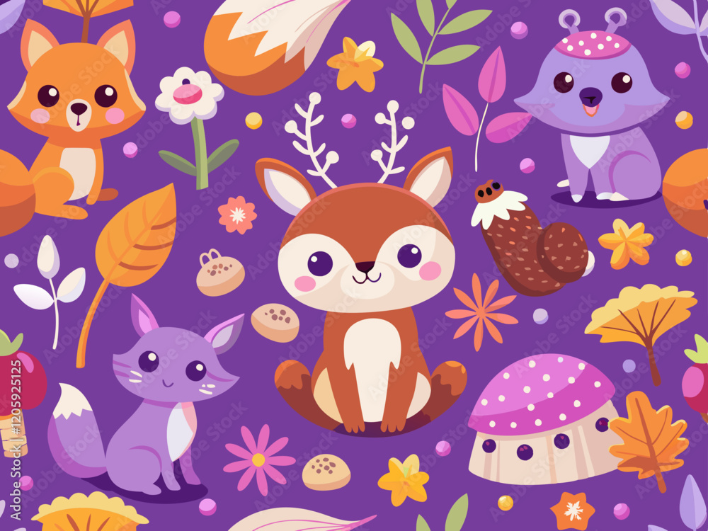Fototapeta premium Cute Woodland Animals Pattern on Purple Background