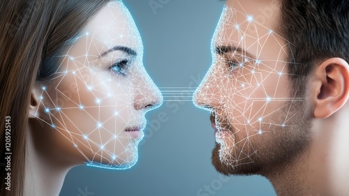 Face-to-face interaction with digital grid overlays on male and female faces, illustrating transform facial recognition for deep fake AI analysis and identity comparison.