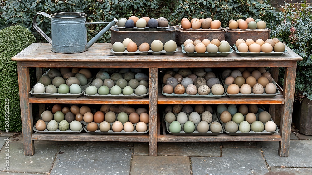 A vibrant display of eggs arranged artfully around a vintage watering can in a sunlit garden. A vibrant display of eggs arranged artfully around a vintage watering can in a sunlit garden.