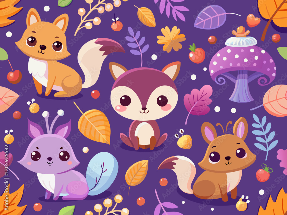 Fototapeta premium Cute Woodland Animals Pattern on Purple Background