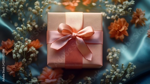 Beautifully Wrapped Pink Gift Box with Elegant Ribbon Bow on Floral Background