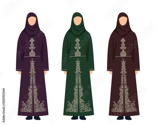 Elegant illustration of three Muslim women wearing traditional embroidered abayas in different colors. Perfect for themes of culture, tradition, and Islamic fashion