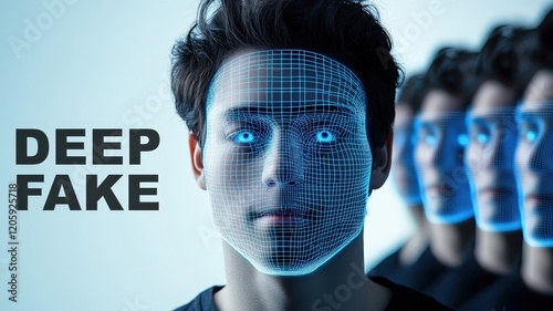 A man with glowing blue facial grid and multiple clones in the background emphasizing deepfake AI technology
