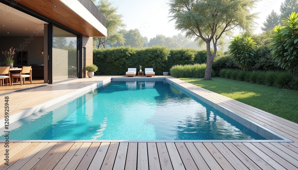 Modern swimming pool with wooden deck and lush greenery Modern swimming pool with wooden deck and lush greenery