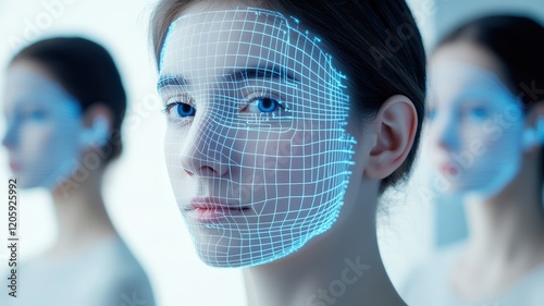 Futuristic woman with digital facial projection and blurred figures in background illustrate to futuristic aesthetic.