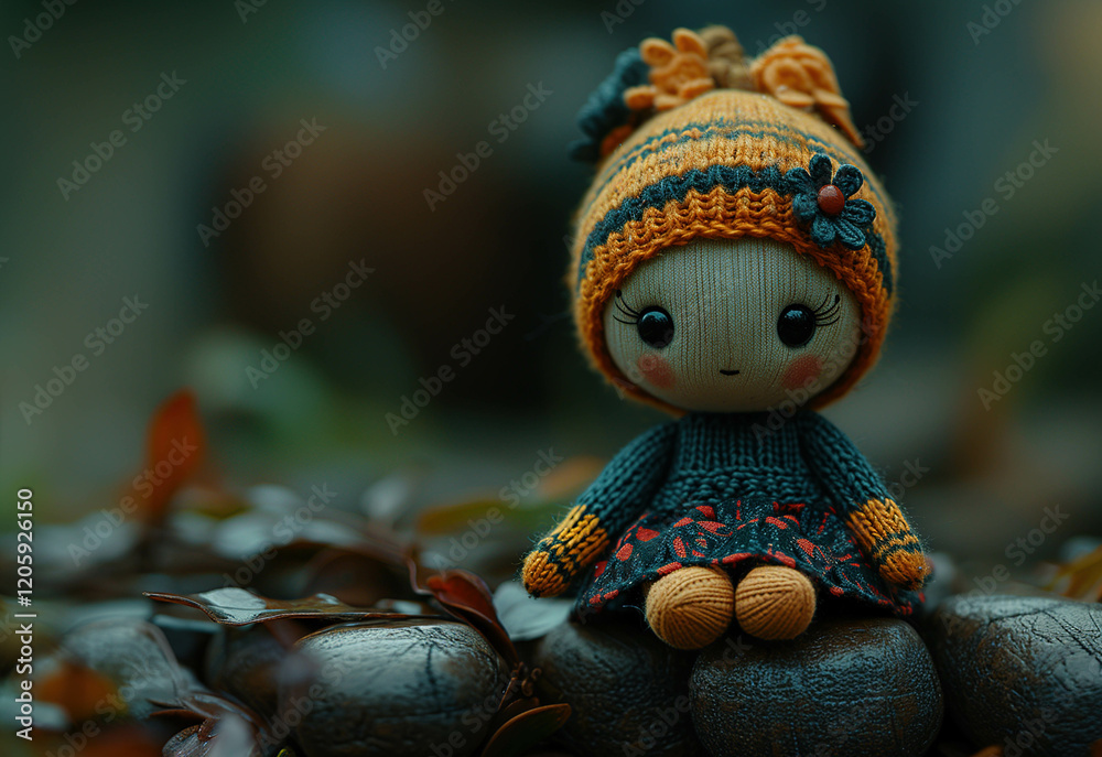 Colorful handmade doll sits on a log surrounded by autumn leaves in a serene outdoor setting Colorful handmade doll sits on a log surrounded by autumn leaves in a serene outdoor setting