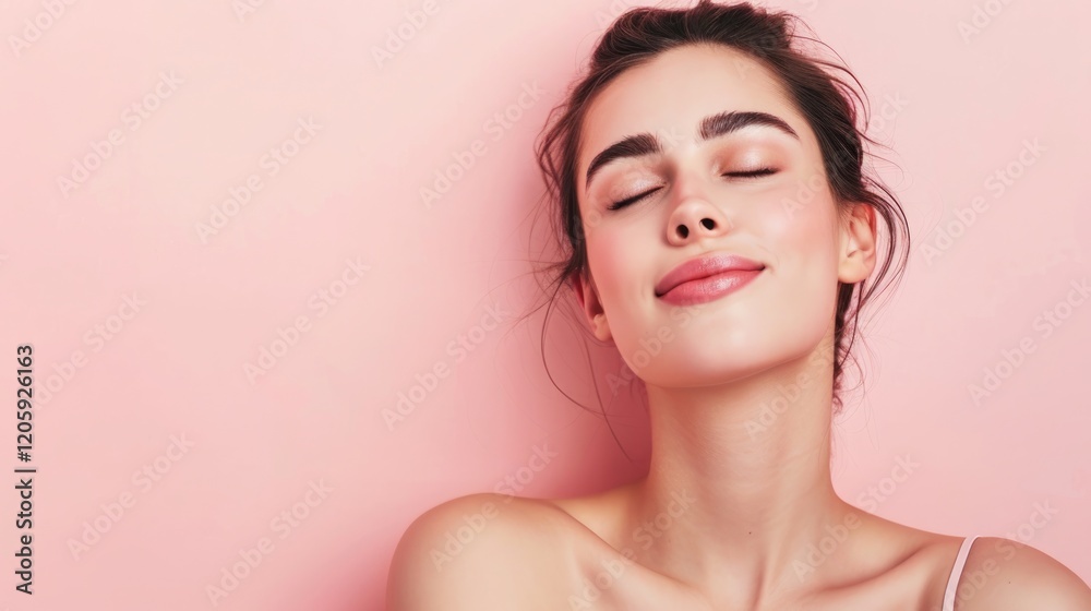 Smiling woman with closed eyes against a pink background, radiating calm and beauty. Smiling woman with closed eyes against a pink background, radiating calm and beauty.