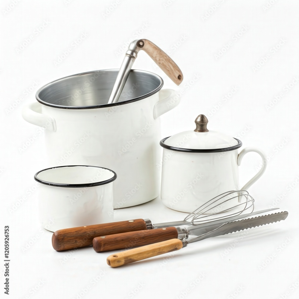 White kitchenware with wooden handles and metal utensils for cooking