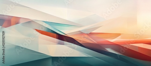 Abstract geometric landscape with layered shapes and contrasting light, soft gradients and clean lines