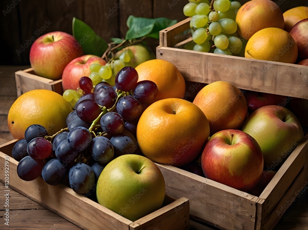 Fresh Fruit in Wooden Crates Apples Grapes Oranges Fresh Fruit in Wooden Crates Apples Grapes Oranges