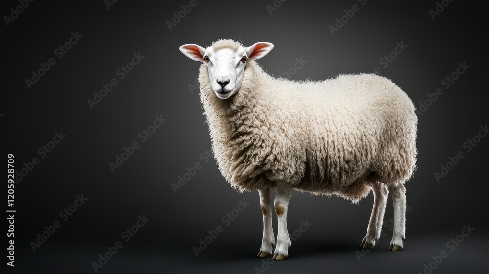 Obraz premium Fluffy white sheep standing on a dark background with soft fur and bright eyes showcasing calm demeanor