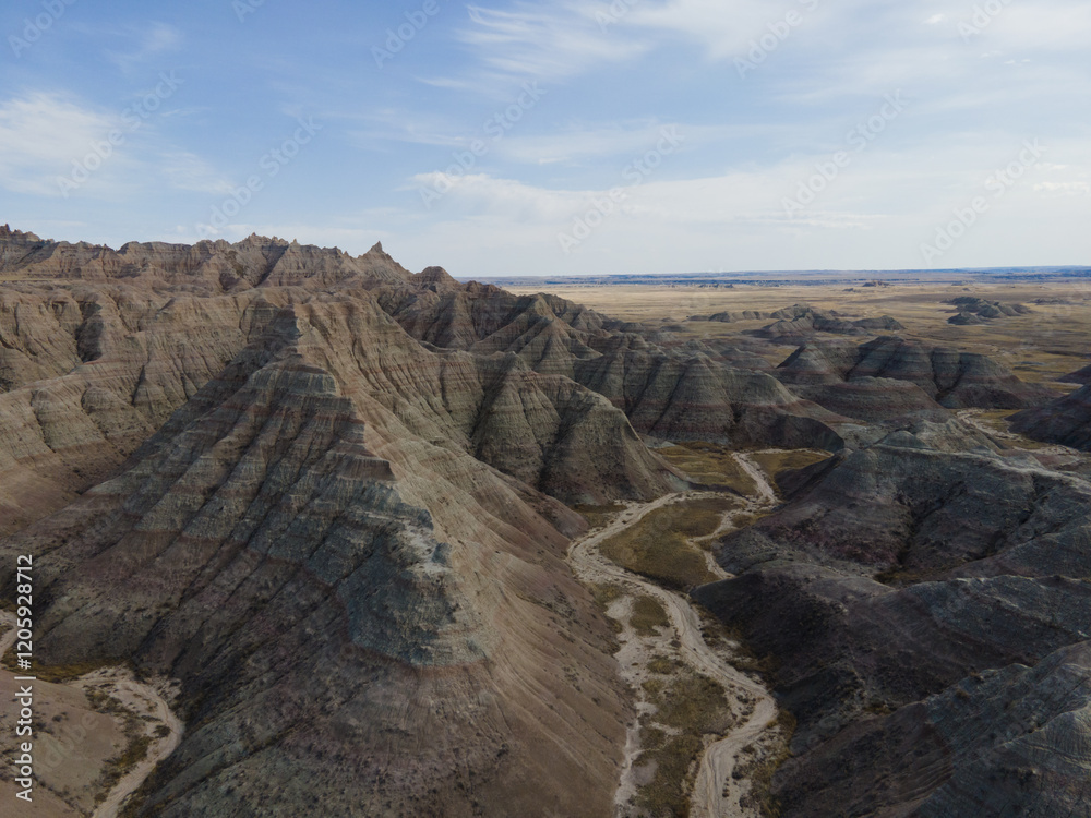 Aerial view of Badlands National Park canyons Aerial view of Badlands National Park canyons