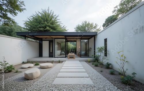 Modern Minimalist House Exterior Design With Stone Pathway photo