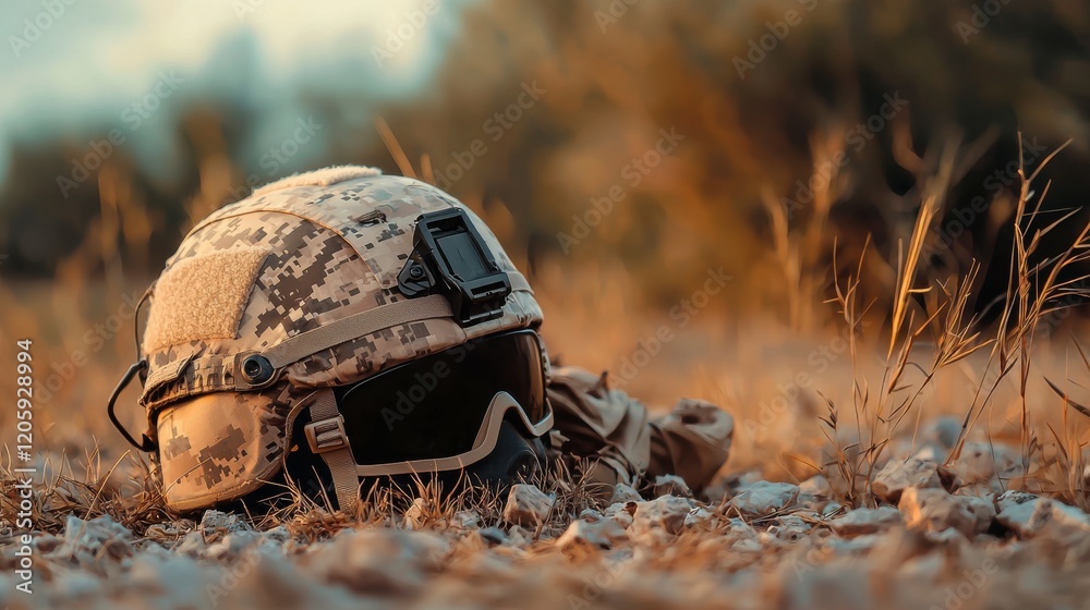 Fototapeta premium Military helmet resting on ground surrounded by dry grass and rocks under natural daylight