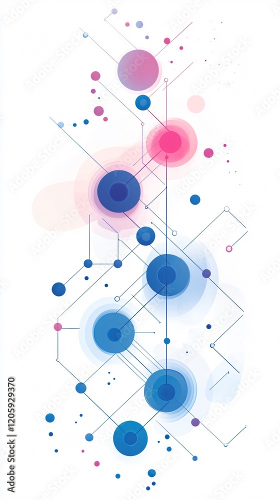Abstract Tech Design: Blue and Pink Circles Connected by Lines on White Background Abstract Tech Design: Blue and Pink Circles Connected by Lines on White Background