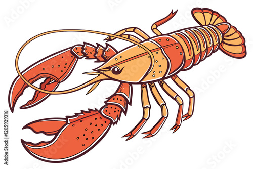 Photorealistic lobster, detailed anatomy, vibrant orange and red colors, shiny carapace, large claws, long antennae, side view