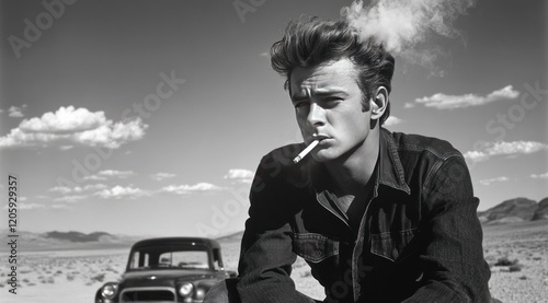 Black and white portrait of a young man smoking a cigarette outdoors, with a car in the background.