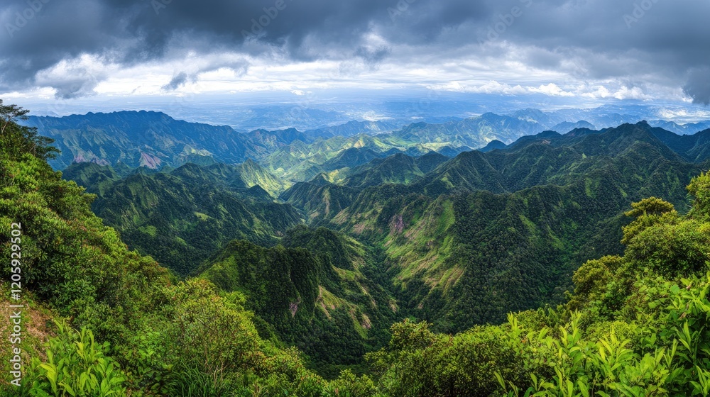 Obraz premium Lush Green Mountainscape Under a Dramatic Cloudy Sky