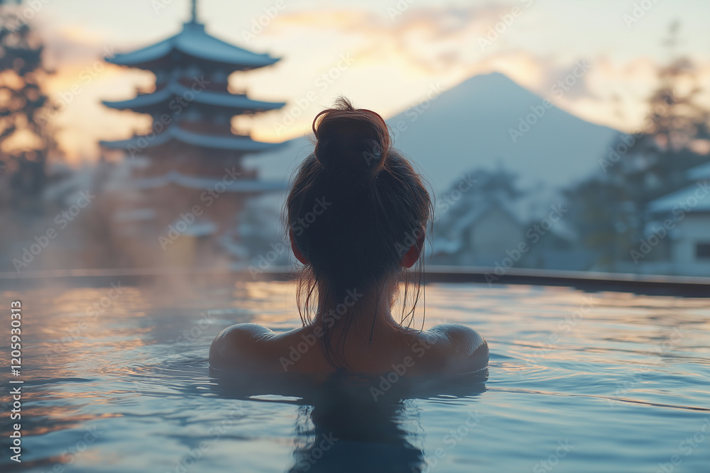 The back view of a woman in a hot spring, comfortable winter. Japanese onsen. The back view of a woman in a hot spring, comfortable winter. Japanese onsen.