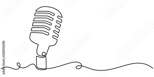 A line of podcast and music microphones. Vintage old microphone in simple linear style for banner music, news, webinar, online training. Doodle vector illustration, Continuous one single line drawing.