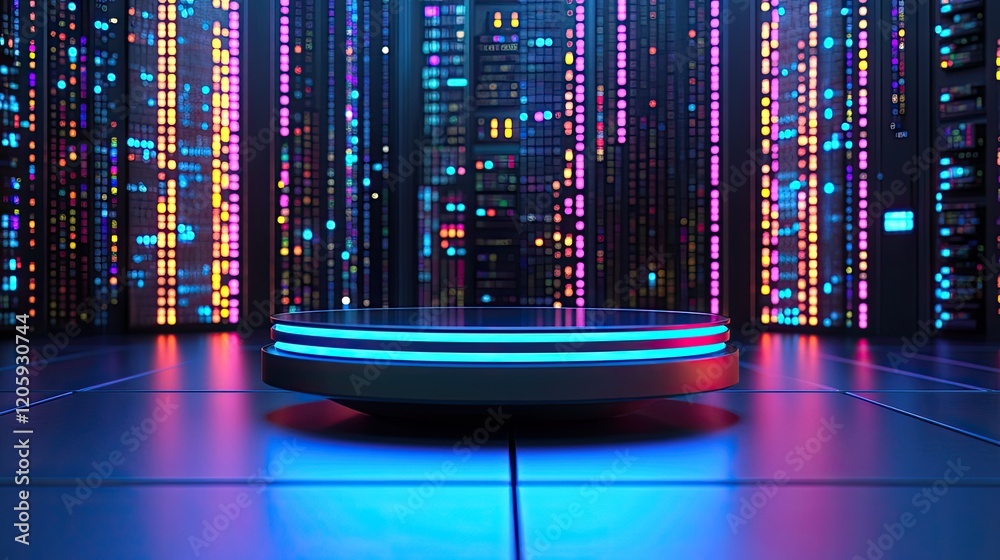 Obraz premium Illuminated Platform Before Server Racks Showing Data Processing