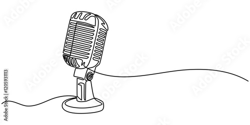 A line of podcast and music microphones. Vintage old microphone in simple linear style for banner music, news, webinar, online training. Doodle vector illustration, Continuous one single line drawing.