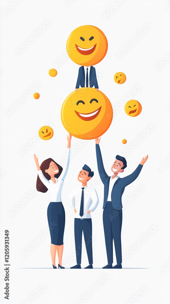Happy Business Team Holding Positive Emojis: Customer Satisfaction and Success Happy Business Team Holding Positive Emojis: Customer Satisfaction and Success