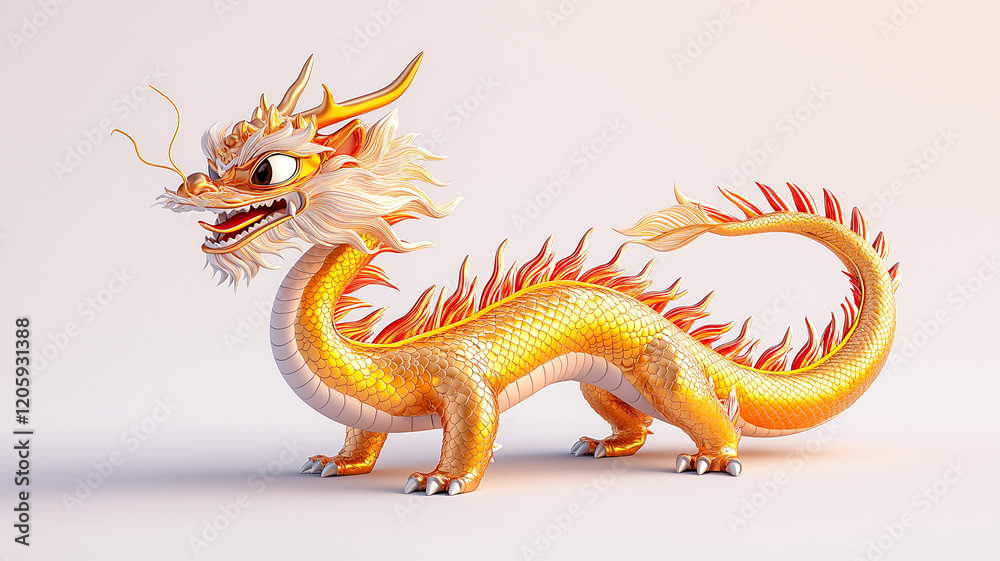 Obraz premium cute golden dragon with fierce expression, featuring vibrant scales and fiery accents, stands against white background, showcasing its intricate details and charm