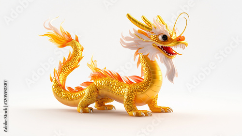 cute golden dragon with vibrant orange and white details, set against white background, exudes playful and whimsical charm