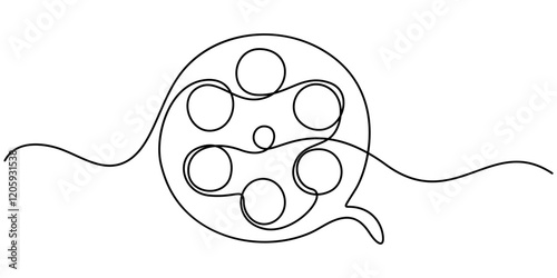 One continuous line drawing of film reel with long tape. Retro old movie and cinema roll, Continuous one line drawing cinema film strip. Vintage cinema element isolated on a white background. Vector. 
