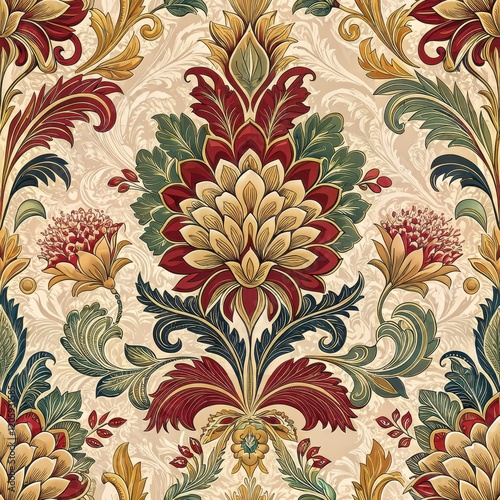Elegant Seamless Floral Damask Pattern Vintage Red Gold Botanical Textile Design Ornate Baroque