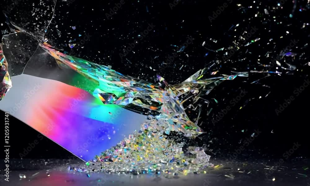 Shattered Prism with Rainbow Hues Exploding Against Black Background in Studio