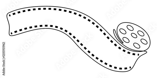 One continuous line drawing of film reel with long tape. Retro old movie and cinema roll, Continuous one line drawing cinema film strip. Vintage cinema element isolated on a white background. Vector. 