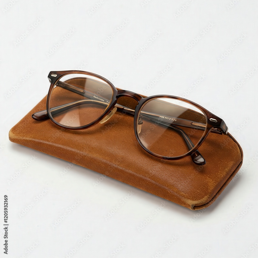 Classic Brown Eyeglasses on Stylish Leather Case Displayed Elegantly Classic Brown Eyeglasses on Stylish Leather Case Displayed Elegantly