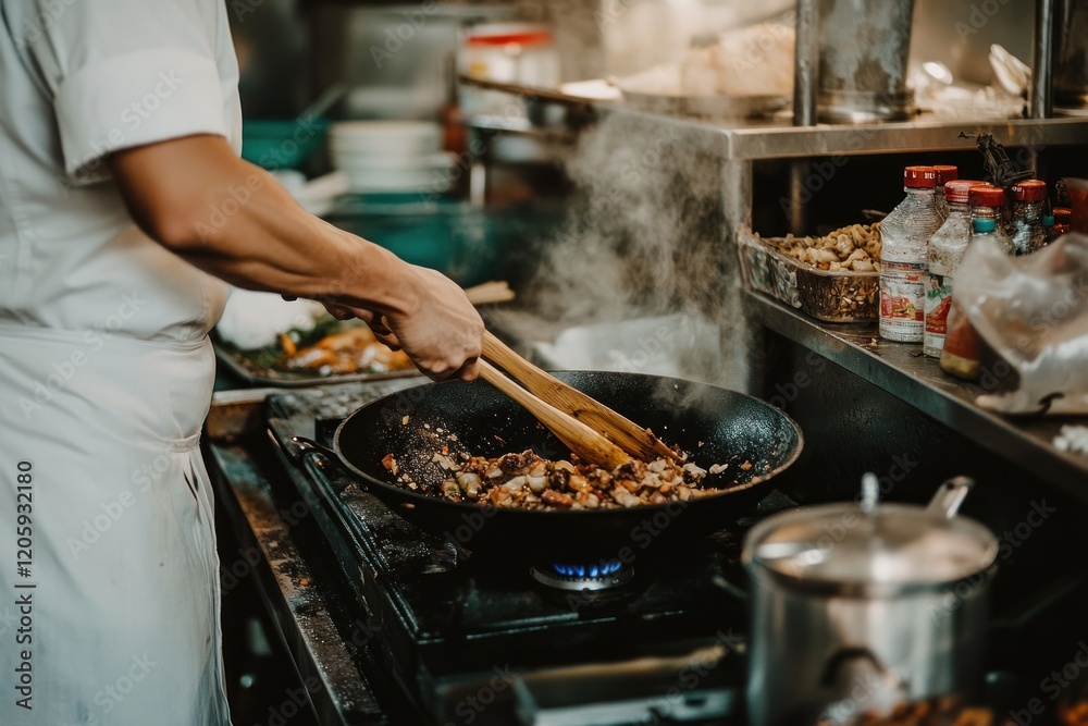 Chef stir-frying food in a wok. Chef stir-frying food in a wok.