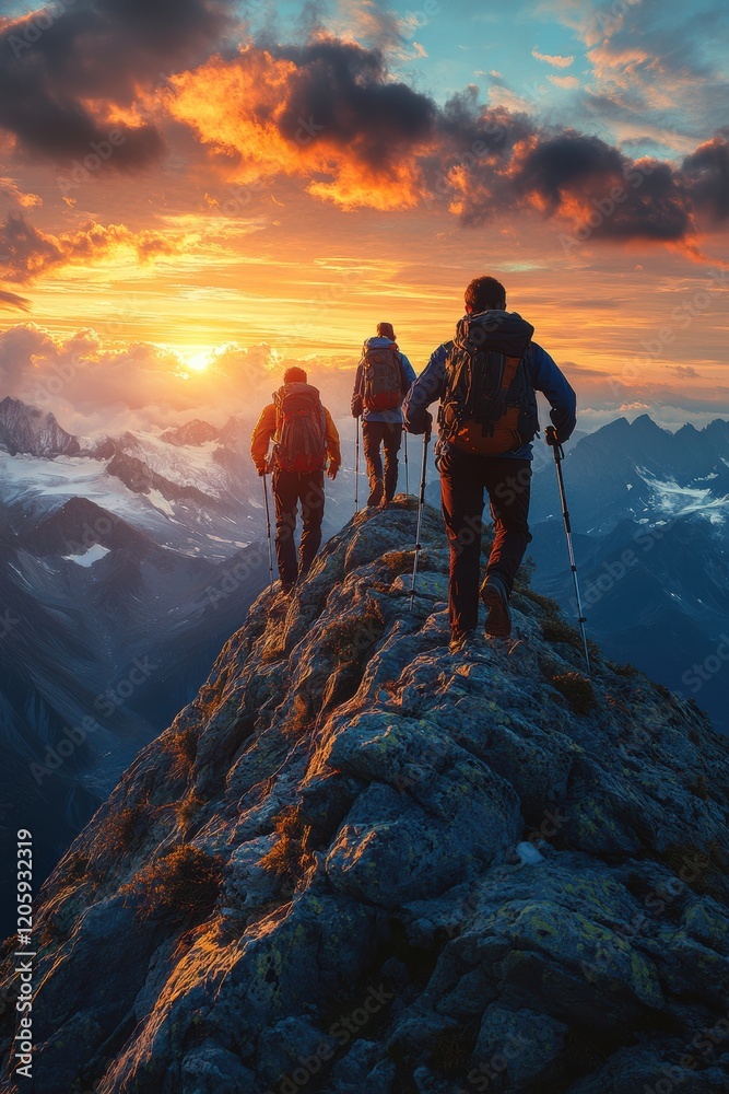 Fototapeta premium hikers silhouetted at a mountain summit during sunset, making it perfect for outdoor campaigns promoting teamwork and accomplishment.