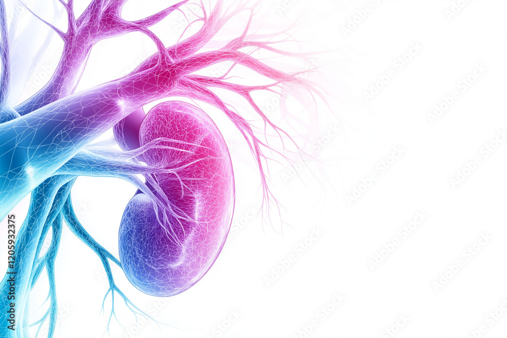 Naklejka premium colorful medical illustration of human kidney with intricate vascular structures, showcasing connection between kidney and blood vessels. This vibrant depiction highlights importance of renal