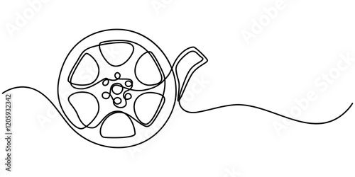 One continuous line drawing of film reel with long tape. Retro old movie and cinema roll, Continuous one line drawing cinema film strip. Vintage cinema element isolated on a white background. Vector. 