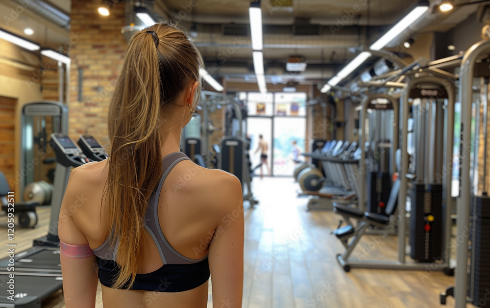 Fototapeta premium Fit Woman in Modern Gym – Back View. Athletic Woman in Sportswear at Fitness Club. Healthy Lifestyle
