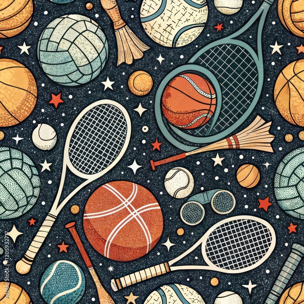 Obraz premium Colorful Seamless Pattern of Retro Sport Equipment and Balls Tennis Baseball Basketball Volleyball