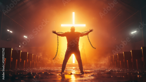 man breaking free from chains in front of glowing cross, symbolizing liberation and hope. dramatic lighting creates emotional atmosphere in spiritual setting