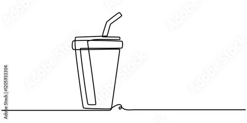 Fast food, drink. Continuous single drawn one line glass with straw drawn by hand picture silhouette. Line art, Continuous one line drawing of drinking in paper or plastic cups with lids and straws. 